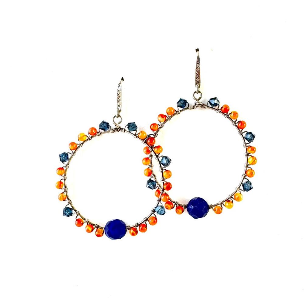 Lapis Lazuli Carnelian Crystal Beaded Wire Wrapped Sterling Hoop Earrings